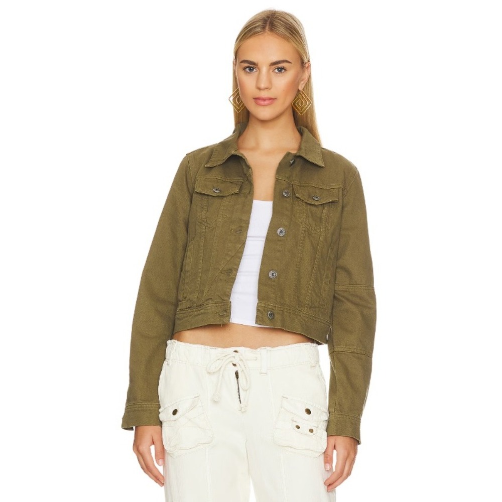 Free People We The Free Cropped Rumors Denim Jacket Pure Cotton Olive Green XS
